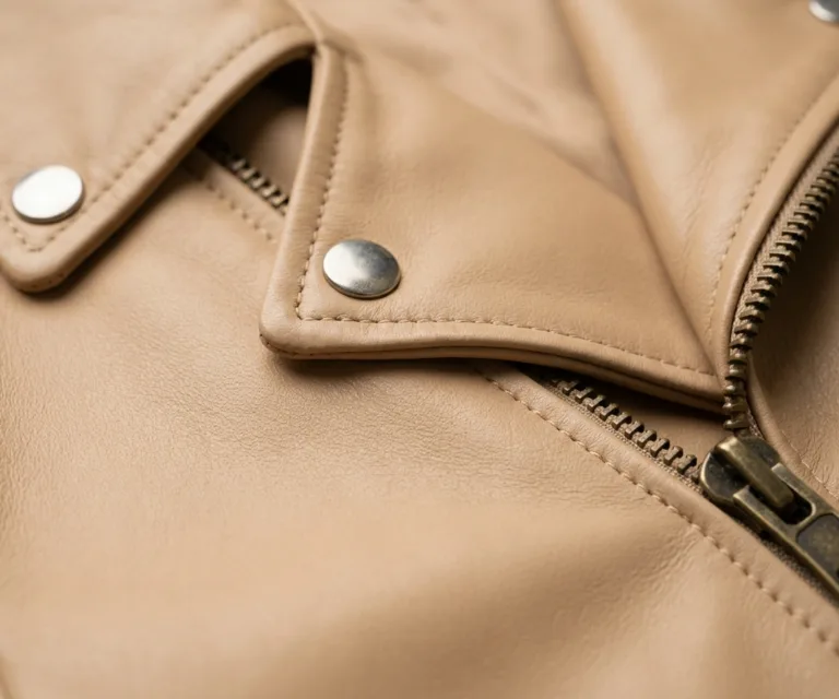 Sandy Tan Dye Leather Biker Jacket Macro Hardware Detail 1080x900