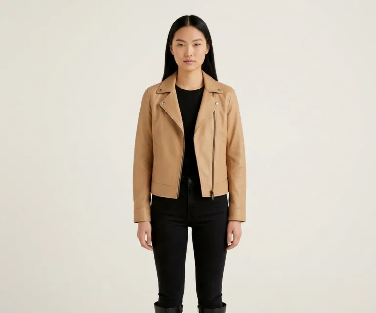 Sleeky Clean Tan Leather Biker Jacket Front View 1080x900