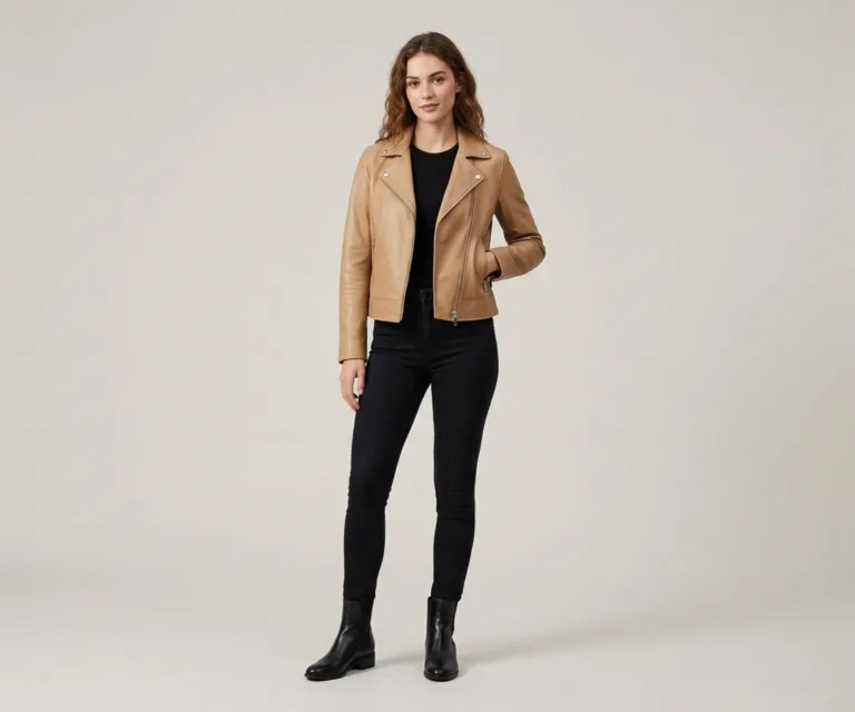 Sleeky Clean Tan Leather Biker Jacket Lifestyle Studio 1080x900