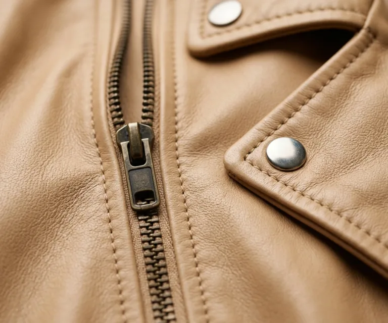 Sleeky Clean Tan Leather Biker Jacket Macro Hardware Detail 1080x900