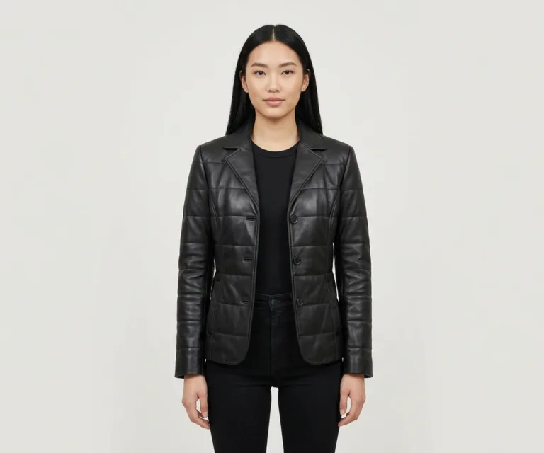 Cora Quilted Black Leather Blazer Front View 1080x900