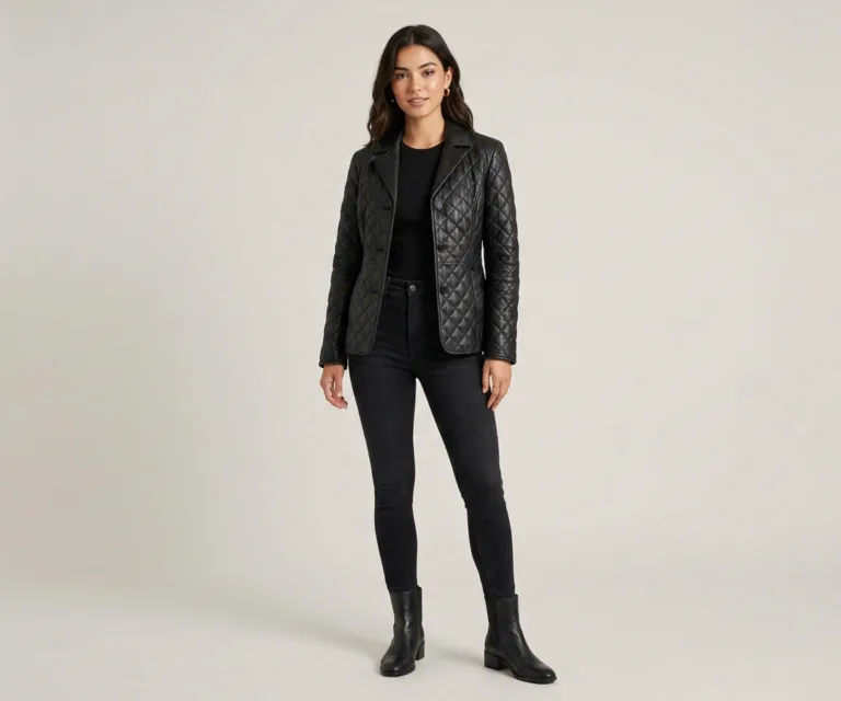 Cora Quilted Black Leather Blazer Lifestyle Studio 1080x900