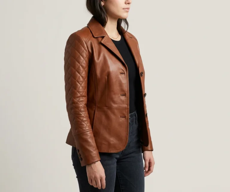 Cora Quilted Brown Leather Blazer 3/4 Profile 1080x900