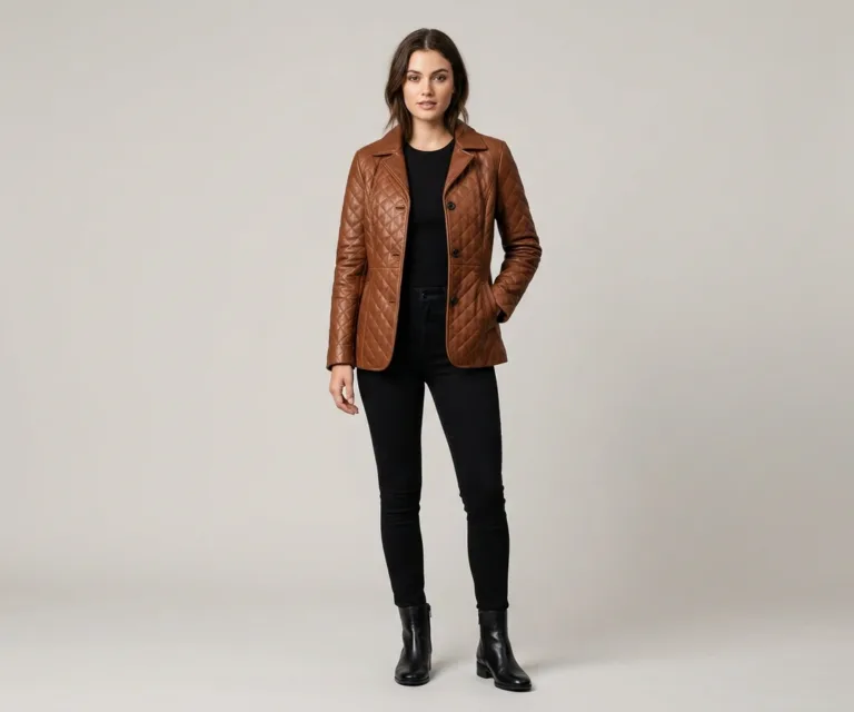 Cora Quilted Brown Leather Blazer Lifestyle Studio 1080x900
