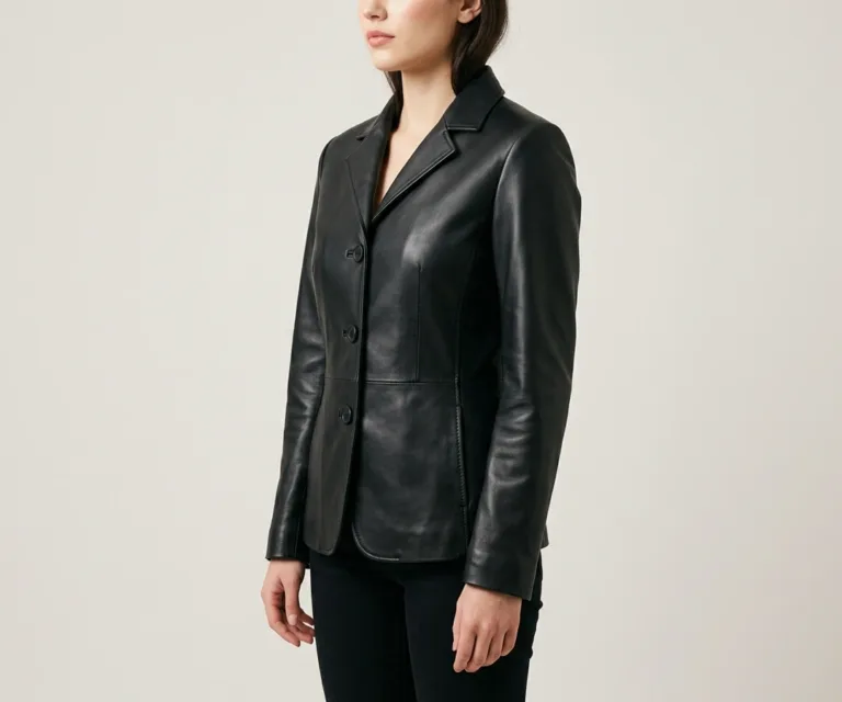 Marilyn Black Leather Blazer 3/4 Profile 1080x900