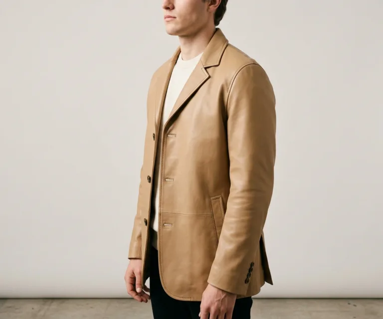 Marilyn Tan Brown Leather Blazer 3/4 Profile 1080x900