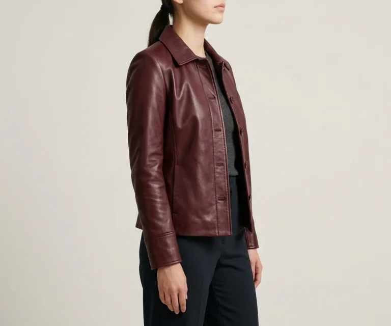 Norma Maroon Leather Blazer 3/4 Profile 1080x900