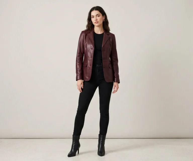 Norma Maroon Leather Blazer Lifestyle Studio 1080x900
