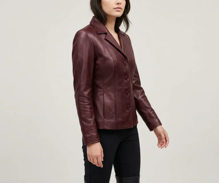 Ruby Metallic Maroon Leather Blazer 3/4 Profile 1080x900