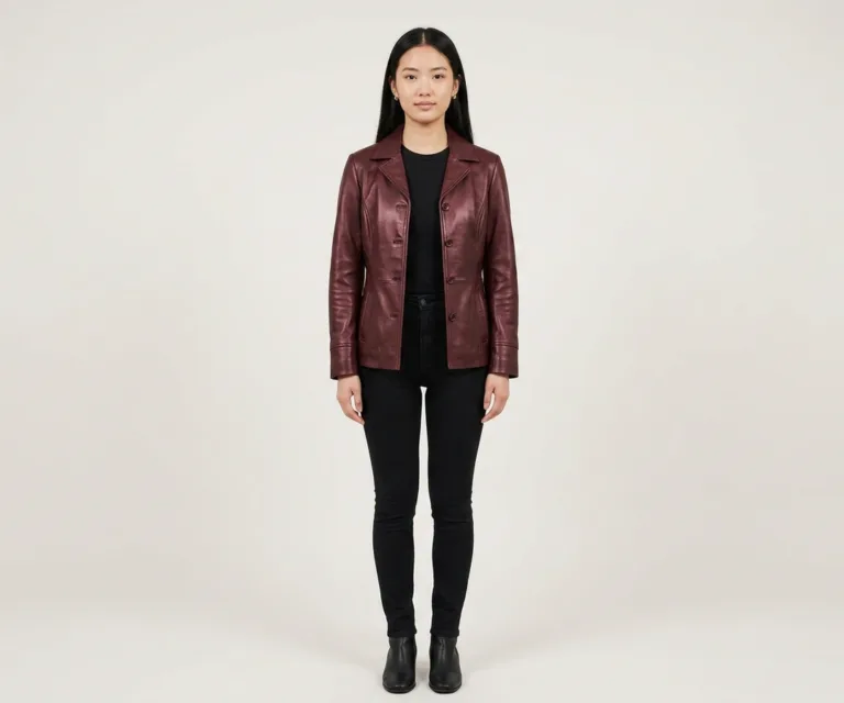 Ruby Metallic Maroon Leather Blazer Front View 1080x900