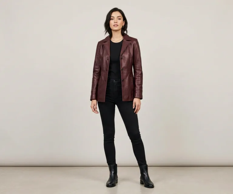 Ruby Metallic Maroon Leather Blazer Lifestyle Studio 1080x900