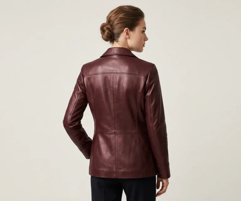 Ruby Metallic Maroon Leather Blazer Rear Back View 1080x900