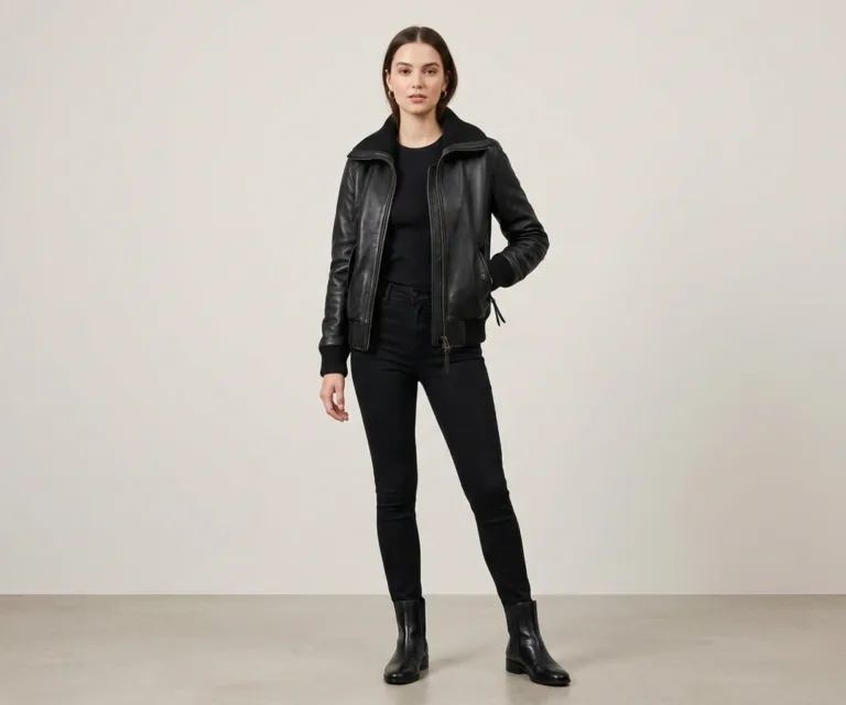 Ava Ma-1 Black Leather Bomber Jacket Lifestyle Studio 1080x900