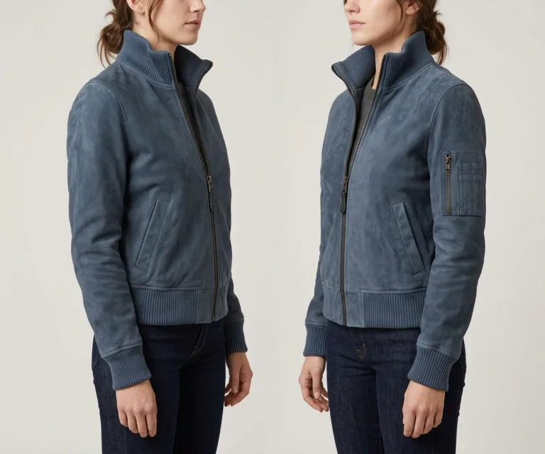 Ava Ma-1 Blue Suede Bomber Jacket 3/4 Profile 1080x900