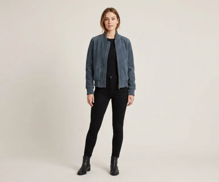 Ava Ma-1 Blue Suede Bomber Jacket Lifestyle Studio 1080x900