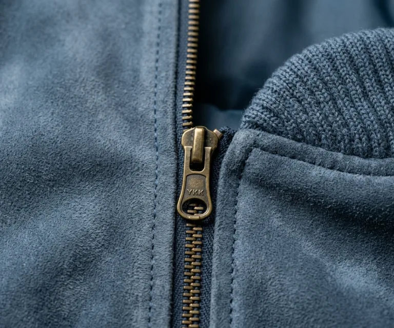 Ava Ma-1 Blue Suede Bomber Jacket Macro Hardware Detail 1080x900