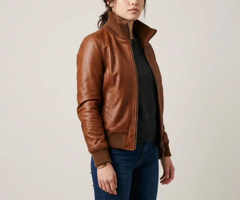 lux-wearz women Ava Brown Leather Bomber Jacket 3/4 Profile 1080x900