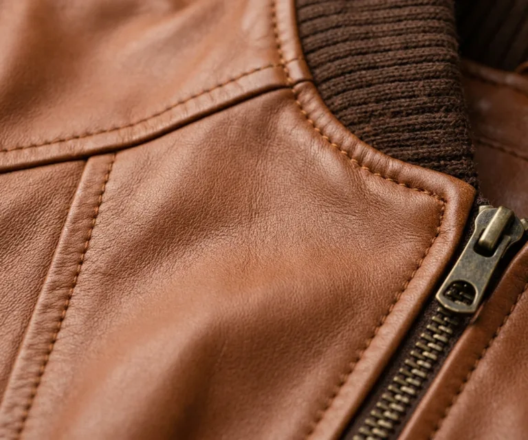 lux-wearz women Ava Brown Leather Bomber Jacket Macro Hardware Detail 1080x900
