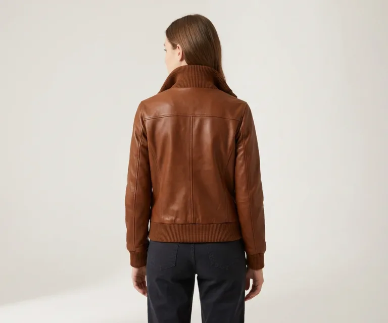 lux-wearz women Ava Brown Leather Bomber Jacket Rear Back View 1080x900