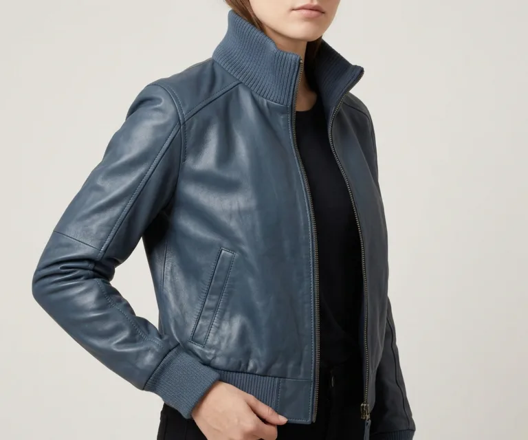 Bliss Blue Leather Bomber Jacket 3/4 Profile 1080x900