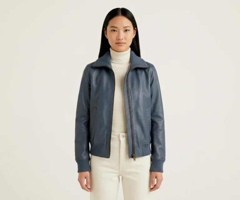 Bliss Blue Leather Bomber Jacket Front View 1080x900