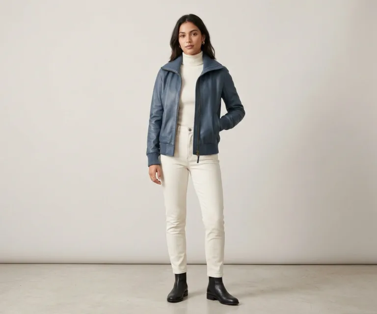 Bliss Blue Leather Bomber Jacket Lifestyle Studio 1080x900