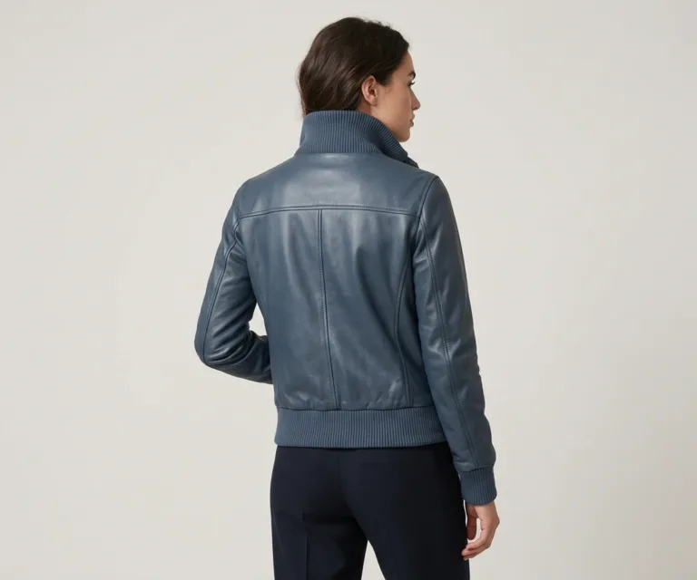 Bliss Blue Leather Bomber Jacket Rear Back View 1080x900