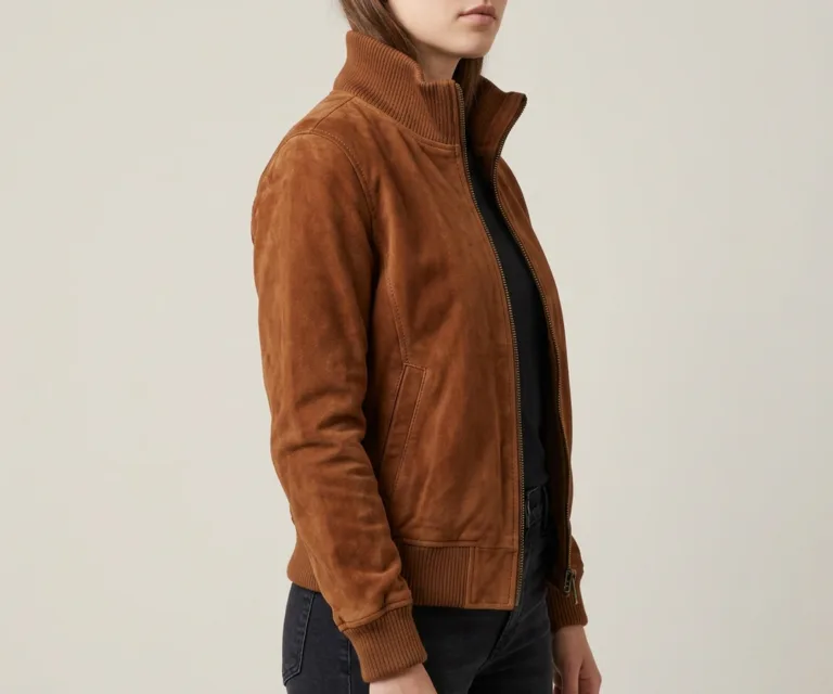Bliss Brown Suede Bomber Jacket 3/4 Profile 1080x900