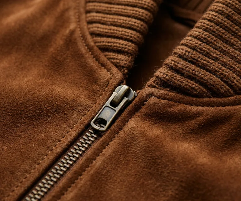 Bliss Brown Suede Bomber Jacket Macro Hardware Detail 1080x900
