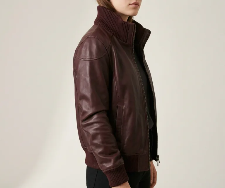 Bliss Maroon Leather Bomber Jacket 3/4 Profile 1080x900
