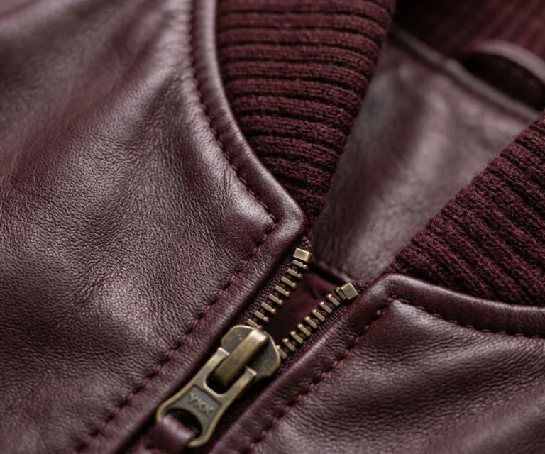 Bliss Maroon Leather Bomber Jacket Macro Hardware Detail 1080x900