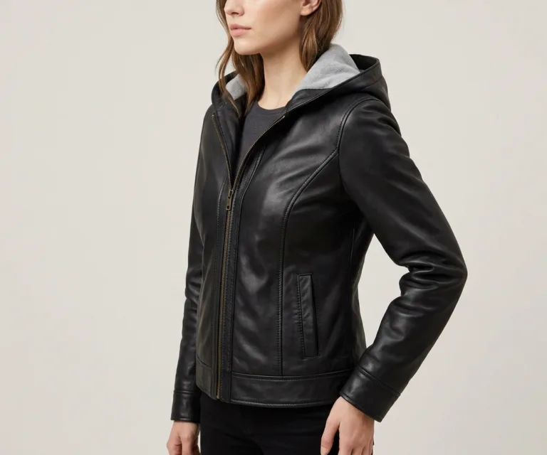 Lux-wearz women Black Hooded Leather Bomber Jacket 3/4 Profile 1080x900