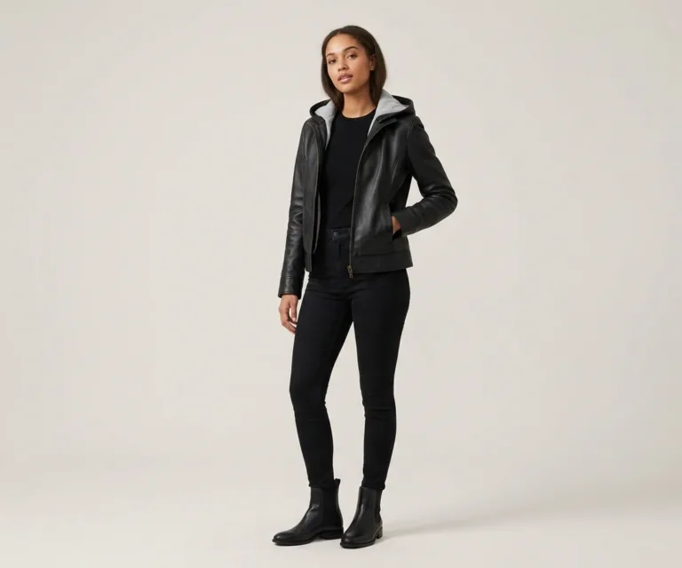 Lux-wearz women Black Hooded Leather Bomber Jacket Lifestyle Studio 1080x900