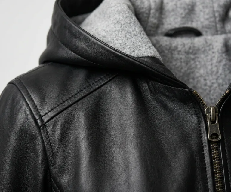 Lux-wearz women Black Hooded Leather Bomber Jacket Macro Hardware Detail 1080x900