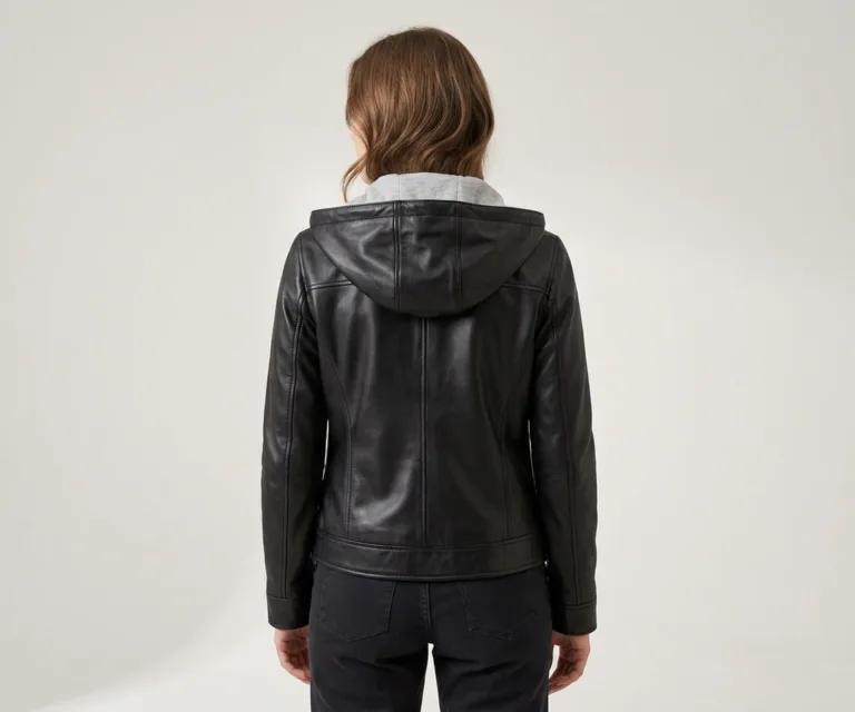 Lux-wearz women Black Hooded Leather Bomber Jacket Rear Back View 1080x900
