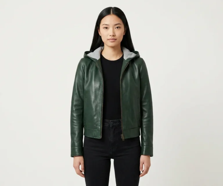 Luna Green Hooded Leather Bomber Jacket Front View 1080x900