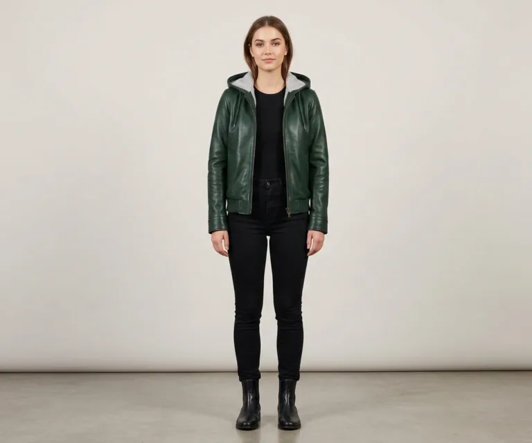 Luna Green Hooded Leather Bomber Jacket Lifestyle Studio 1080x900