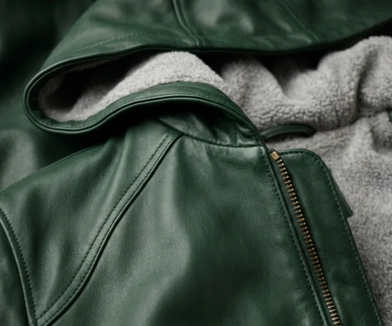 Luna Green Hooded Leather Bomber Jacket Macro Hardware Detail 1080x900