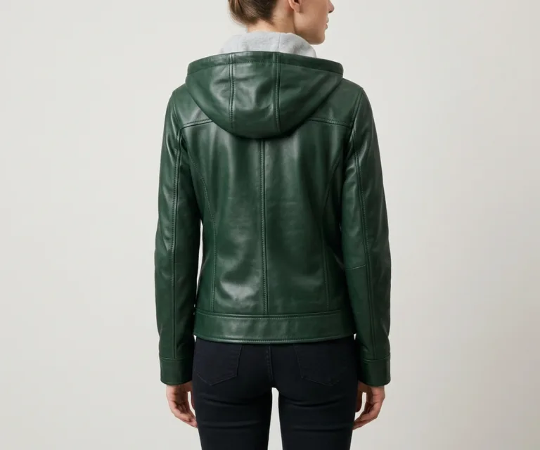 Luna Green Hooded Leather Bomber Jacket Rear Back View 1080x900