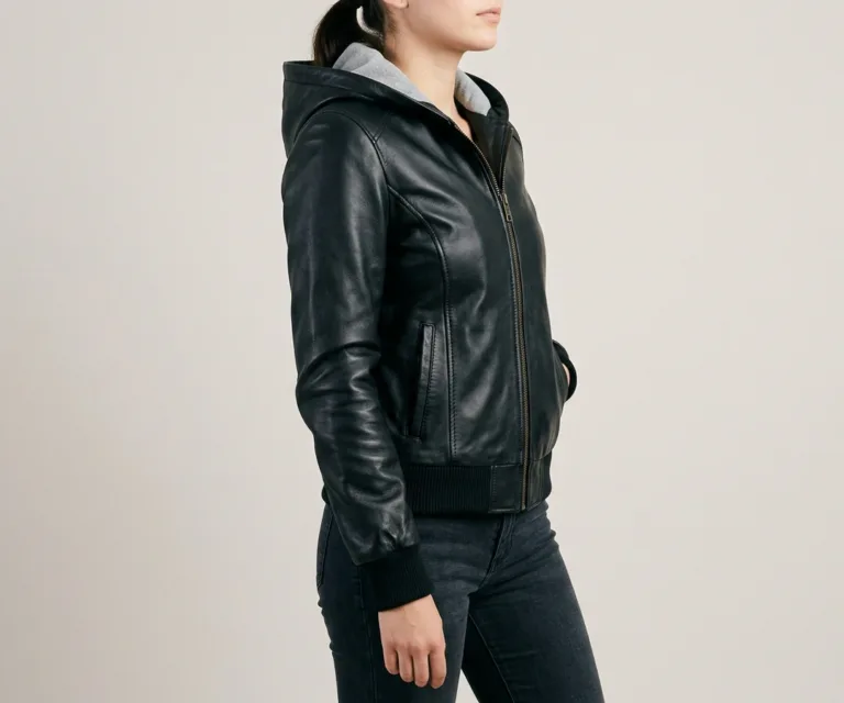 lux-wearz women Black Hooded Leather Bomber Jacket 3/4 Profile 1080x900