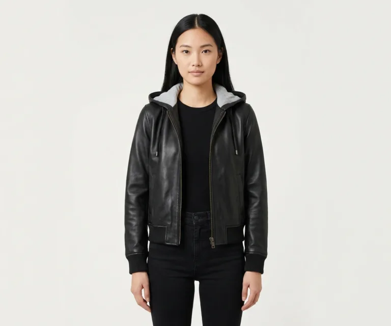 lux-wearz women Black Hooded Leather Bomber Jacket Front View 1080x900