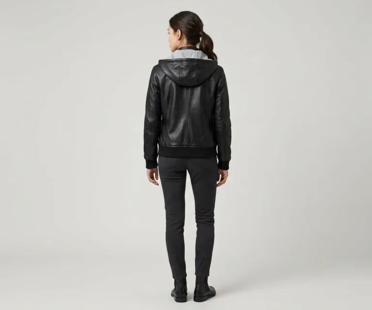 lux-wearz women Black Hooded Leather Bomber Jacket Rear Back View 1080x900