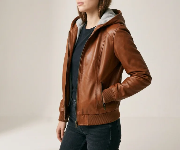 Rebella Brown Hooded Leather Bomber Jacket 3/4 Profile 1080x900