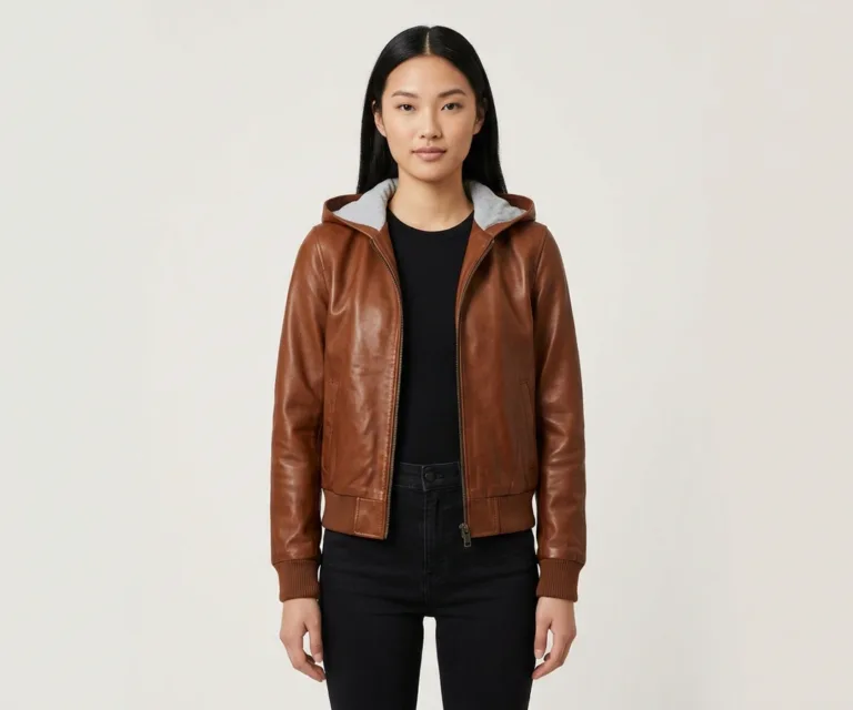 Rebella Brown Hooded Leather Bomber Jacket Front View 1080x900