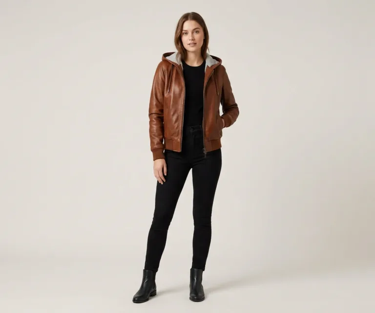 Rebella Brown Hooded Leather Bomber Jacket Lifestyle Studio 1080x900
