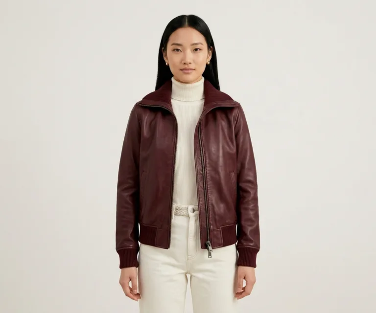 Reida Maroon Leather Bomber Jacket Front View 1080x900