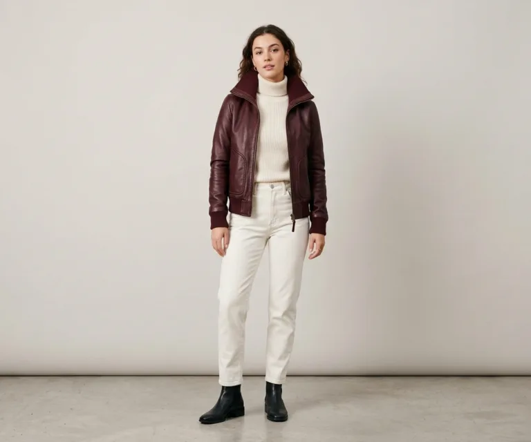 Reida Maroon Leather Bomber Jacket Lifestyle Studio 1080x900