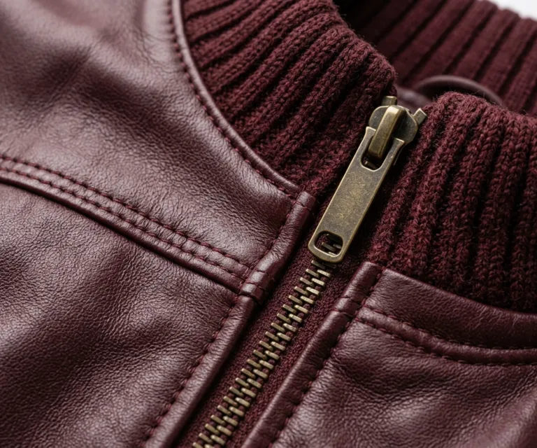Reida Maroon Leather Bomber Jacket Macro Hardware Detail 1080x900