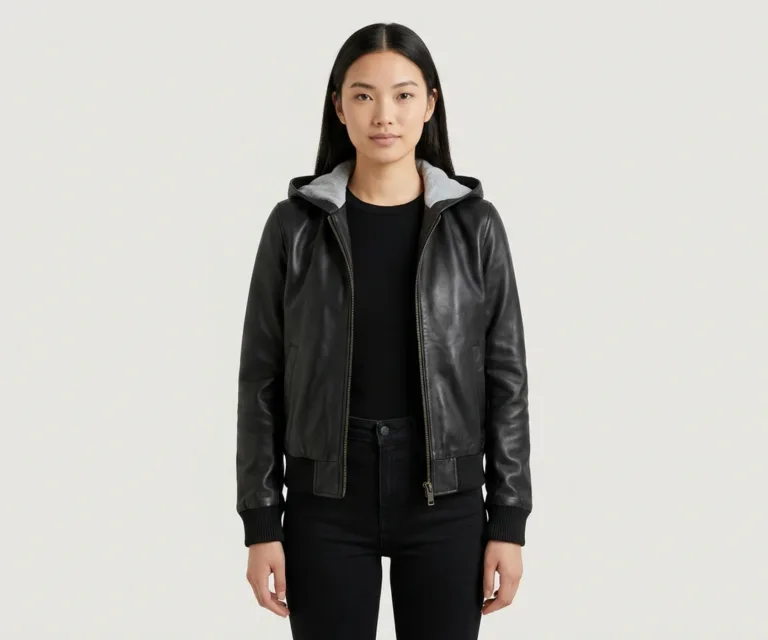 Roslyn Black Hooded Leather Bomber Jacket Front View 1080x900