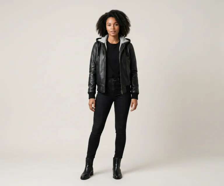 Roslyn Black Hooded Leather Bomber Jacket Lifestyle Studio 1080x900